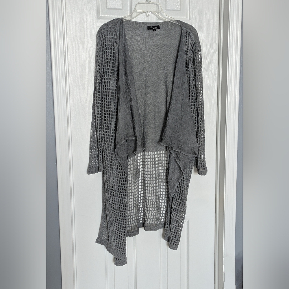 Women's (XL) Knit Cut-Out Squares w/Chiffon Panels Open-Front Cardigan/Sweater